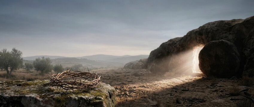 Empty Tomb with Stone Rolled Away at Sunrise on Easter Morning.