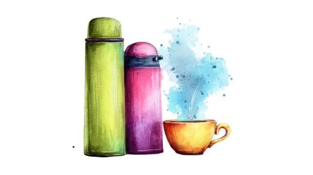 Colorful thermos and cup with steaming hot beverage on white background, cozy drink, coffee or tea, modern reusable travel mug set - Powered by Adobe