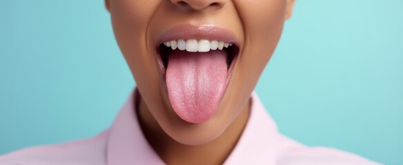 The Tongue of a Smiling Woman Sticking Out in Bright Studio Close-Up