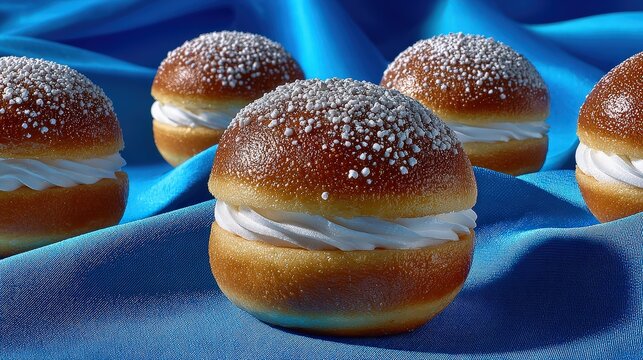 Traditional Cream Filled Buns with Pearl Sugar on Blue Silk