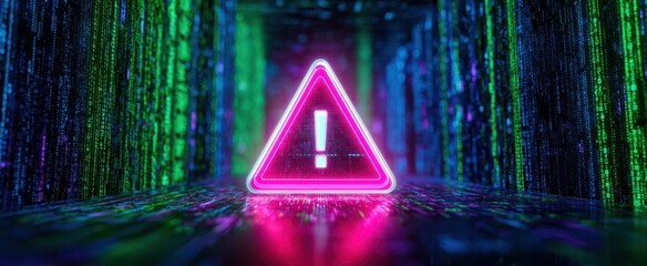 The Neon Warning Triangle Glowing in a Futuristic Cyber Matrix Corridor With Exclamation Mark