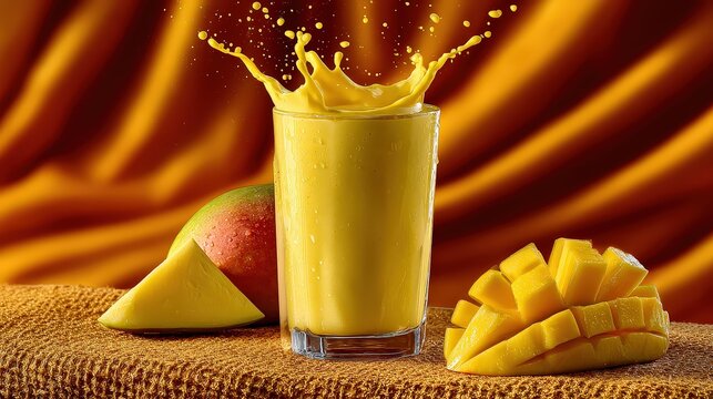 Fresh Mango Smoothie with Splash and Sliced Tropical Fruit