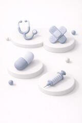 3D Clay Healthcare Clinic Tile &mdash; Stethoscope, Bandage, Pill, Syringe
