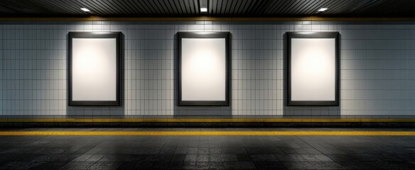 The Poster Frames Illuminate an Empty Underground Metro Platform with Three Blank Ads