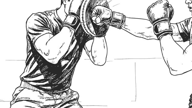 Intense boxing training session depicted in a dynamic black and white pencil sketch showing a fighter punching a focus mitt held by a partner during practice