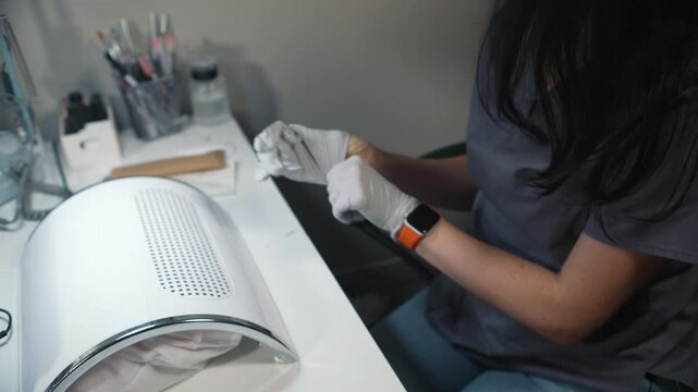 Nail technician putting on sterile disposable gloves before manicure procedure, following hygiene standards and preparing for safe client service
