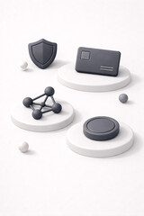 3D Clay Fintech Security Stack &mdash; Shield, Card, Network, Coin (1&times;4)