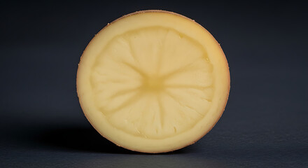 A close-up shot of a sliced potato, revealing its textured interior. The potato is set against a dark, contrasting background, providing a focus on its natural forms
