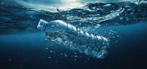 The plastic bottle floating beneath the ocean surface surrounded by bubbles and debris