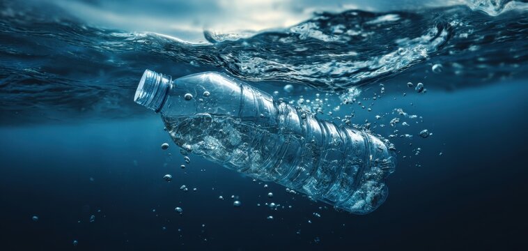 The plastic bottle floating beneath the ocean surface surrounded by bubbles and debris