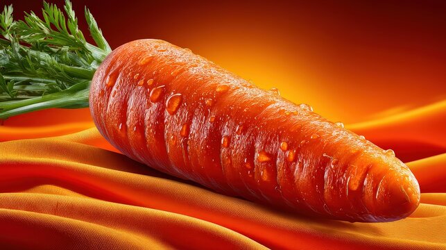 Fresh Juicy Carrot with Water Droplets on Orange Fabric Background