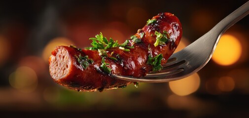 The sausage on a fork glazed with herbs and smoky caramelized glaze