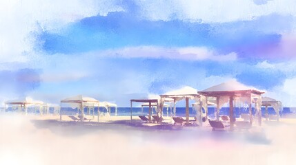 Dreamy beach resort illustration evokes calm pastel hues of summer ocean relaxation
