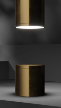 The circular platform on the dark geometric background. Animated mock up for product, cosmetic presentation. Pedestal or platform for beauty products. Empty scene, stage.