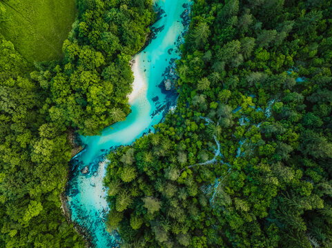 Wonderful Soca river and gorge in the green forest, Bovec, Slovenia. Kayaking destination in Slovenia in Triglav National park