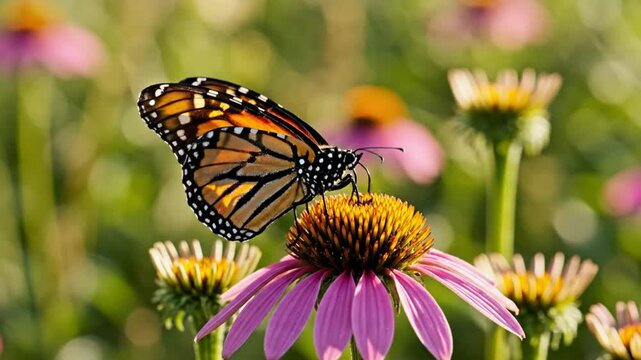 Monarch butterfly with orange and black wings feeding on a bright pink coneflower in a garden setting
