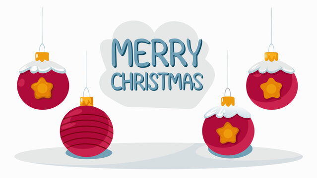 Flat vector illustration of merry christmas paired with hangi decorative hanging ornaments on white background for holiday greeting cards and festive designs