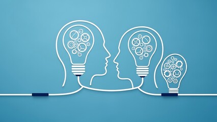 White line of two human heads with lightbulbs and gears on blue background connected by cord white line blue background