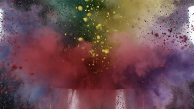 Colorful powder explosion erupting from a metal cylinder creating a vibrant cloud of dust