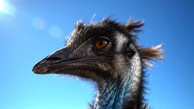 Close up profile of an emu bird with bright orange eye against vibrant blue sky and sunlight
