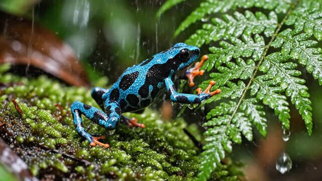 Rain Splashing on a Vibrant Blue Poison Dart Frog in a Tropical Rainforest Setting