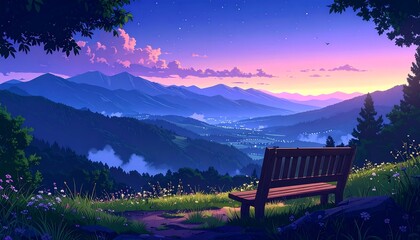 A serene landscape with a wooden bench overlooking a valley and distant mountains at sunset