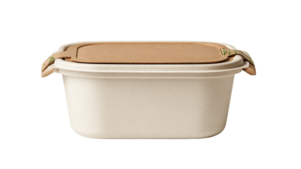 Title: Compostable food container isolated on white background showcasing sustainable eco friendly packaging for takeaway meals and zero waste dining
