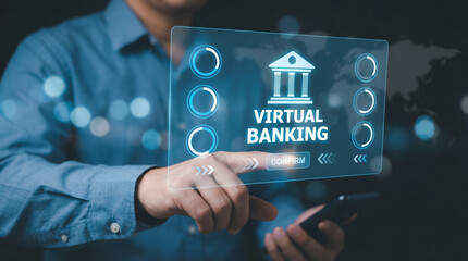 User interacts with a virtual banking interface tapping confirm holding a smartphone for m
