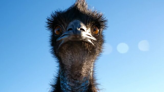 Low angle close-up of an emu bird with a black head and a clear blue sky background