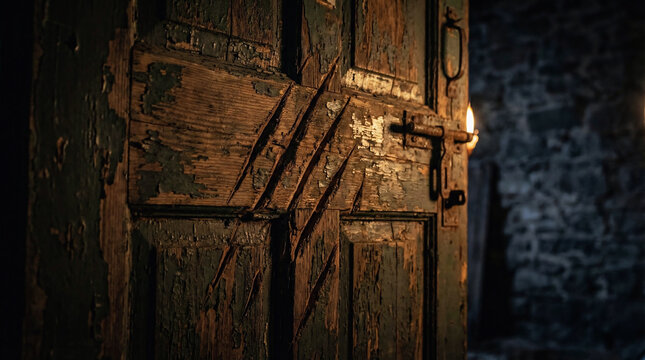 A rustic, weathered wooden door stands ajar in a shadowy, medieval setting, hinting at secrets and untold stories beyond its threshold