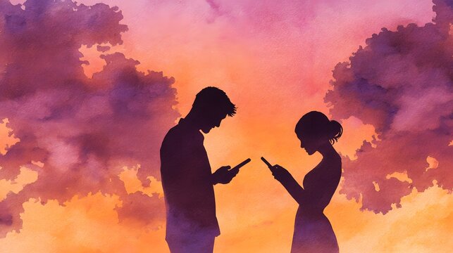 Sunset silhouettes a modern couple lost in digital connection serene lifestyle illustration - Powered by Adobe