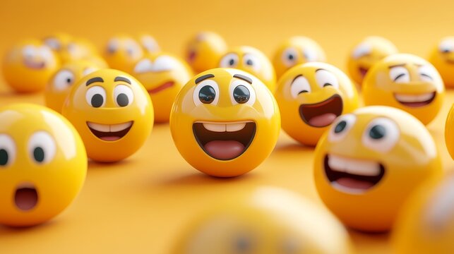 Immersive arrangement of 3D rendered emoji characters with glossy finish and subtle reflections, perfectly modeled yellow spherical faces with exaggerated emotional expressions, comprehensive range