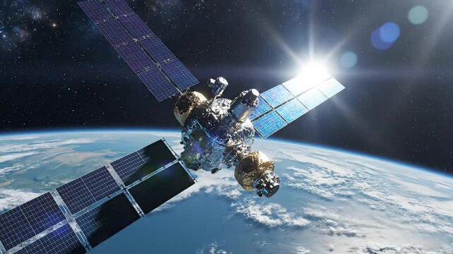 Space Satellite Orbiting Earth in Digital 3D Animation, Futuristic Technology and Exploration Concept