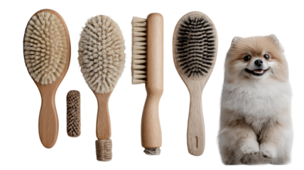 Natural wooden pet grooming brushes set with fluffy dog showing coat care hygiene tools isolated on white background