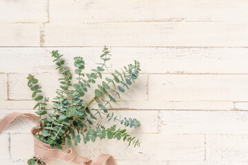 シャビーな木目とユーカリの背景素材