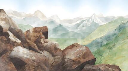 Majestic mountainscape watercolor illustration evokes adventure and scenic outdoor beauty