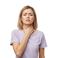 Young woman with sore throat holding her neck, feeling pain and discomfort from illness or infection, isolated on transparent background