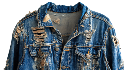 Distressed blue denim jacket with ripped fabric texture buttons pockets casual fashion apparel isolated on white background