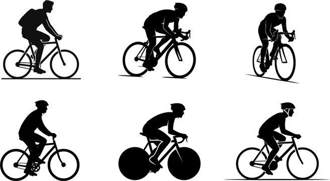 Dynamic collection of silhouetted cyclists in various action poses, showcasing different riding styles and bicycle types for sports, fitness, and active lifestyle designs - Powered by Adobe