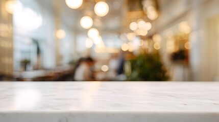 Fototapeta premium Elegant marble tabletop showcases a serene cafe setting bathed in warm inviting daylight reflections