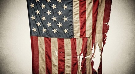 Fototapeta premium Vintage and Worn American Flag with Torn Fabric Texture