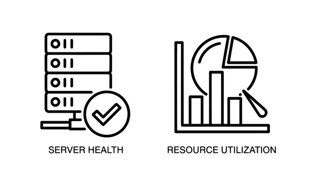 Server Health and Resource Utilization Icons for Network Monitoring, IT Infrastructure, and Computing Efficiency Analytics
