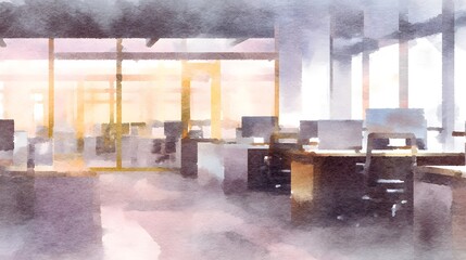 Serene modern office illustration depicts calm workspace at night a commercial design concept