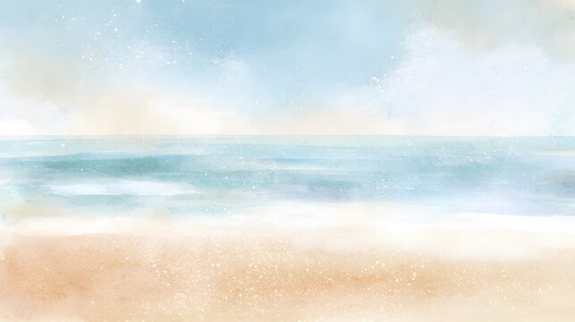 Dreamy watercolor beach illustration serene seascape soft pastel hues commercial stock art peaceful coastal scene