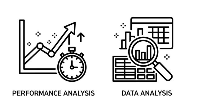 Business Performance and Data Analysis Icons Featuring Growth Charts Magnifying Glass and Financial Metrics