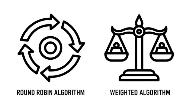 Computing Algorithm Logic Icons Representing Round Robin Distribution and Weighted Balance Scales