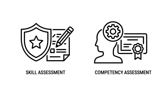 Employee skill and competency assessment icons for professional evaluation and certification processes.