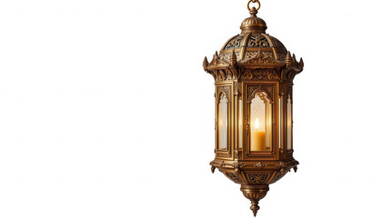 Fototapeta premium Ornate antique bronze hanging lantern featuring a warm glowing candle illuminates the darkness with classic elegance on transparent background