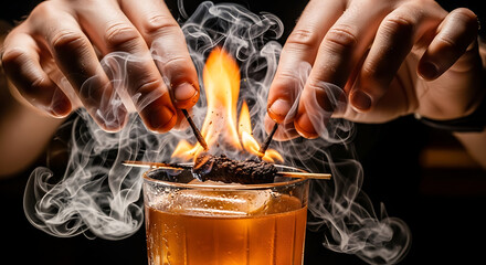A close-up shows hands igniting an ingredient above a cocktail glass, creating smoke and flame. The dark background enhances the visual effect