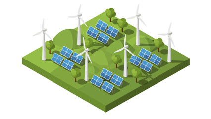 An isometric illustration showing a sustainable energy farm on green, rolling hills, featuring arrays of blue solar panels and multiple white wind turbines interspersed with small trees